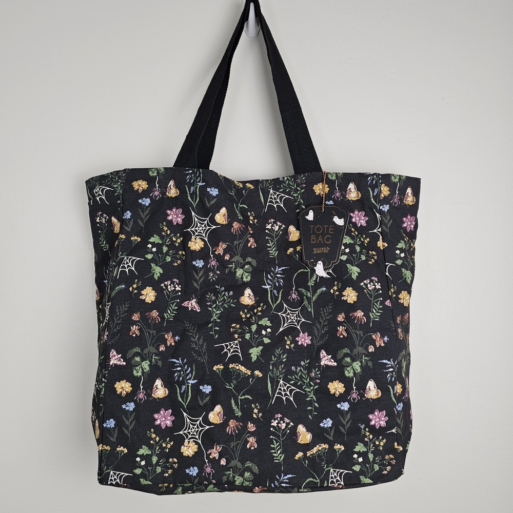 Hallowed Hauntings Tote Bag OS Black Spooky Floral Ghost Spider Web Cotton